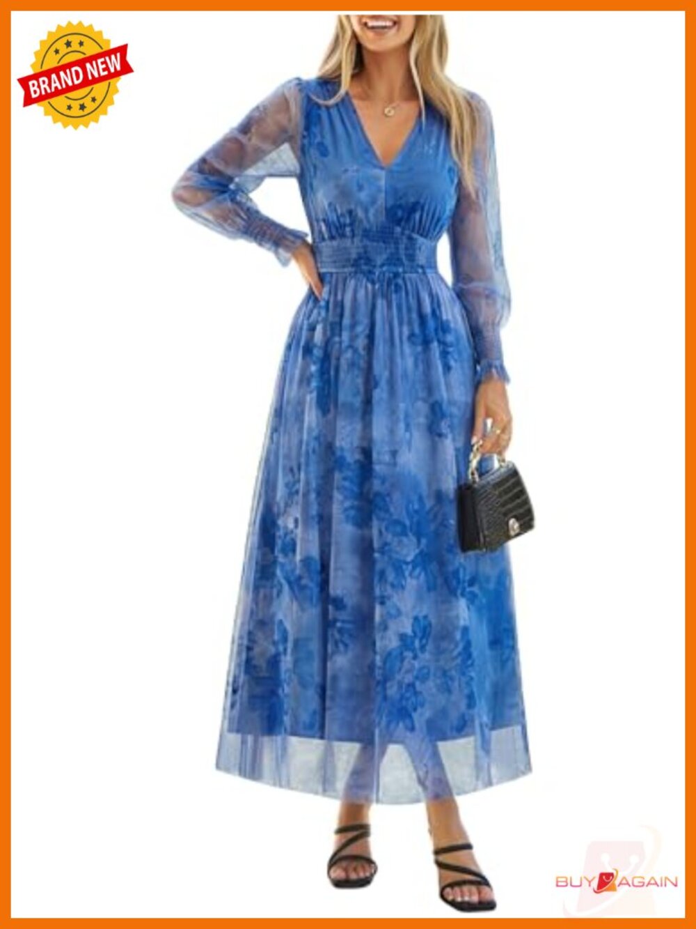 Women's Long Sleeve Tulle Floral Maxi Dress V-Neck Empire Waist Wedding Guest